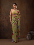 Olive Chiffon Digital Print Floral Saree with Unstitched Blouse - Hiral Fashion | Grocsy
