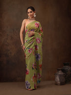 Olive Chiffon Digital Print Floral Saree with Unstitched Blouse - Hiral Fashion | Grocsy