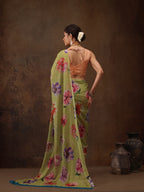 Olive Chiffon Digital Print Floral Saree with Unstitched Blouse - Hiral Fashion | Grocsy