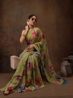 Olive Chiffon Digital Print Floral Saree with Unstitched Blouse - Hiral Fashion | Grocsy