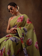 Olive Chiffon Digital Print Floral Saree with Unstitched Blouse - Hiral Fashion | Grocsy
