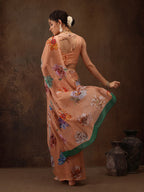 Peach Chiffon Digital Print Floral Saree with Unstitched Blouse - Hiral Fashion | Grocsy