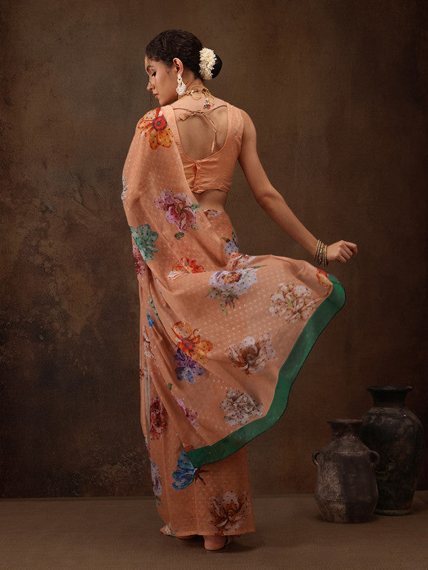 Peach Chiffon Digital Print Floral Saree with Unstitched Blouse - Hiral Fashion | Grocsy
