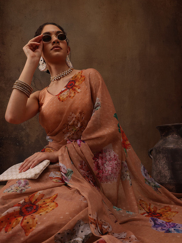 Peach Chiffon Digital Print Floral Saree with Unstitched Blouse - Hiral Fashion | Grocsy