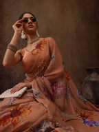 Peach Chiffon Digital Print Floral Saree with Unstitched Blouse - Hiral Fashion | Grocsy