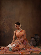 Peach Chiffon Digital Print Floral Saree with Unstitched Blouse - Hiral Fashion | Grocsy