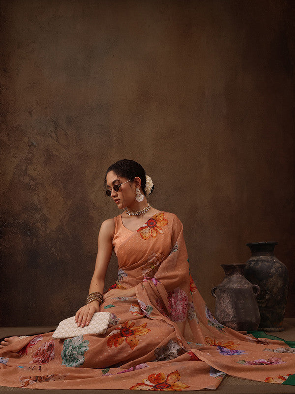 Peach Chiffon Digital Print Floral Saree with Unstitched Blouse - Hiral Fashion | Grocsy