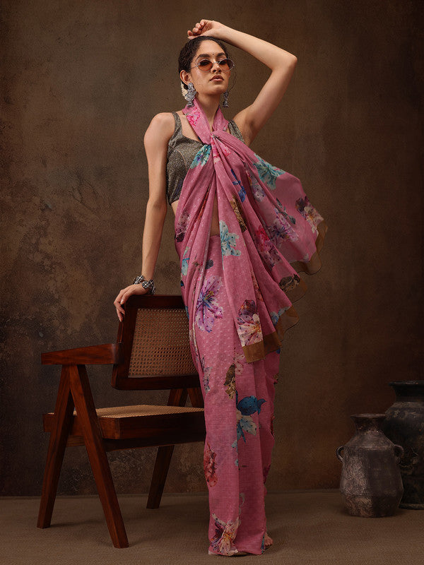 Pink Chiffon Digital Print Floral Saree with Unstitched Blouse - Hiral Fashion | Grocsy