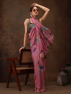 Pink Chiffon Digital Print Floral Saree with Unstitched Blouse - Hiral Fashion | Grocsy