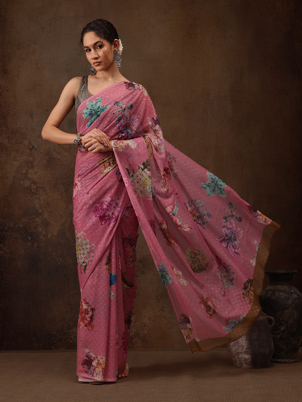 Pink Chiffon Digital Print Floral Saree with Unstitched Blouse - Hiral Fashion | Grocsy