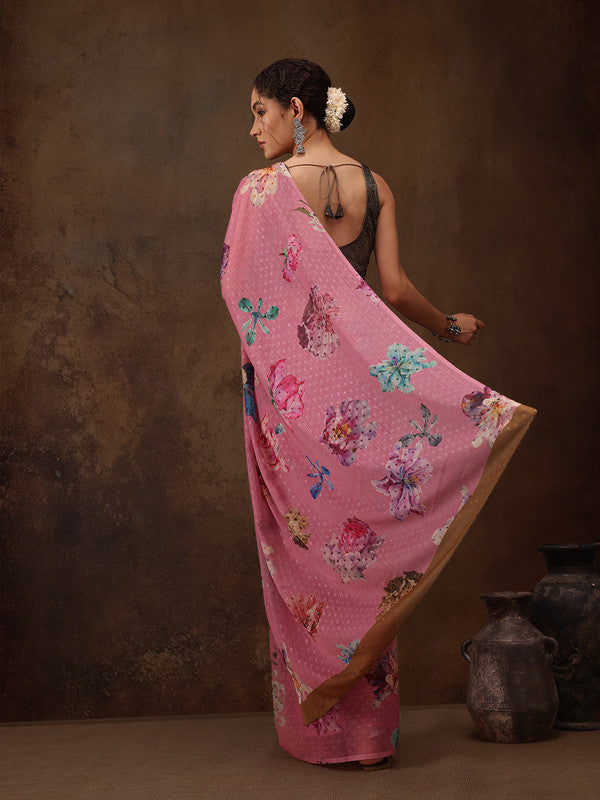 Pink Chiffon Digital Print Floral Saree with Unstitched Blouse - Hiral Fashion | Grocsy