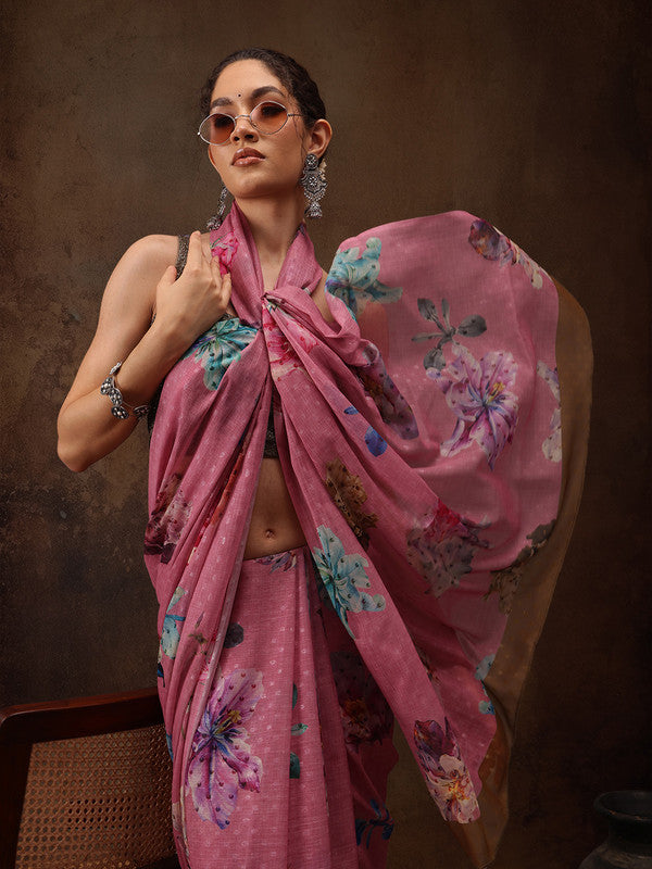 Pink Chiffon Digital Print Floral Saree with Unstitched Blouse - Hiral Fashion | Grocsy