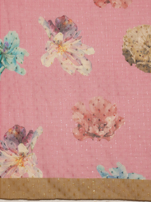 Pink Chiffon Digital Print Floral Saree with Unstitched Blouse - Hiral Fashion | Grocsy