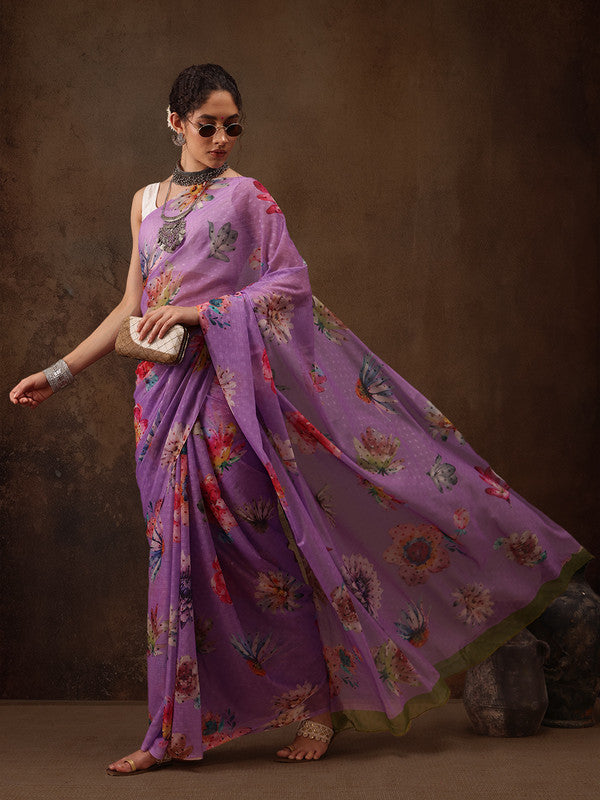 Purple Chiffon Digital Print Floral Saree with Unstitched Blouse - Hiral Fashion | Grocsy