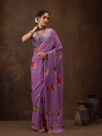 Purple Chiffon Digital Print Floral Saree with Unstitched Blouse - Hiral Fashion | Grocsy
