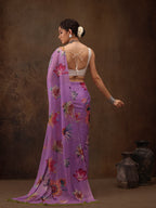 Purple Chiffon Digital Print Floral Saree with Unstitched Blouse - Hiral Fashion | Grocsy