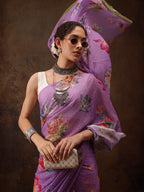 Purple Chiffon Digital Print Floral Saree with Unstitched Blouse - Hiral Fashion | Grocsy