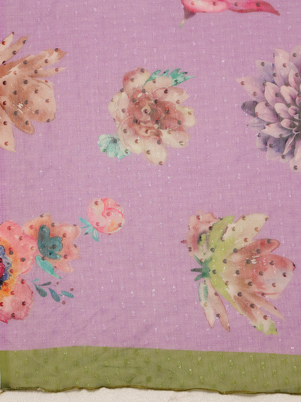 Purple Chiffon Digital Print Floral Saree with Unstitched Blouse - Hiral Fashion | Grocsy