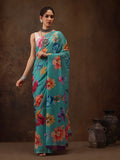 Turquoise Chiffon Digital Print Floral Saree with Unstitched Blouse - Hiral Fashion | Grocsy