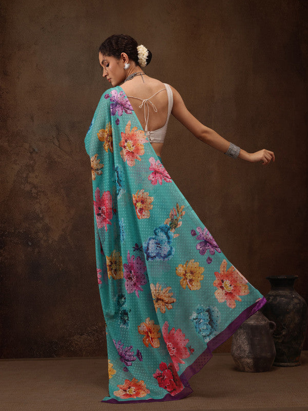 Turquoise Chiffon Digital Print Floral Saree with Unstitched Blouse - Hiral Fashion | Grocsy