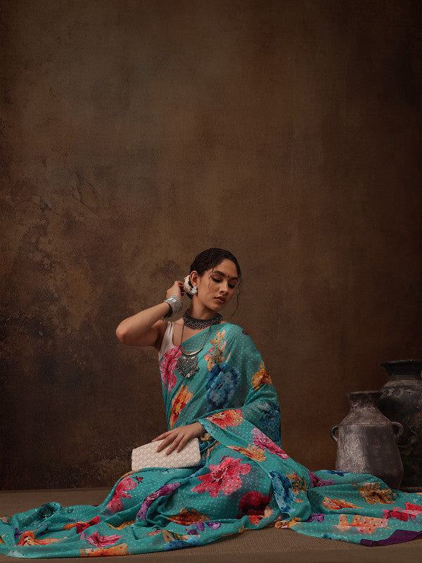 Turquoise Chiffon Digital Print Floral Saree with Unstitched Blouse - Hiral Fashion | Grocsy