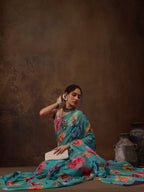 Turquoise Chiffon Digital Print Floral Saree with Unstitched Blouse - Hiral Fashion | Grocsy