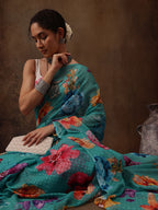 Turquoise Chiffon Digital Print Floral Saree with Unstitched Blouse - Hiral Fashion | Grocsy