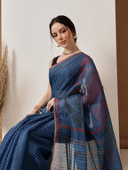 Hiral Fashion Blue Banarasi Cotton Silk Abstract Digital Printed Saree | Grocsy