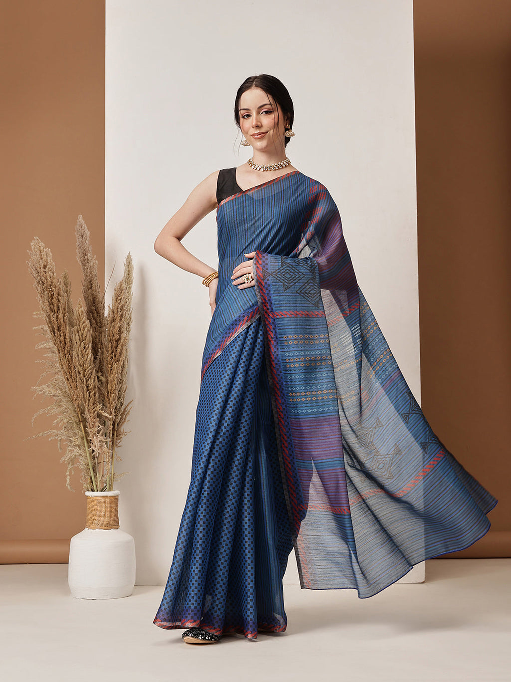 Hiral Fashion Blue Banarasi Cotton Silk Abstract Digital Printed Saree | Grocsy