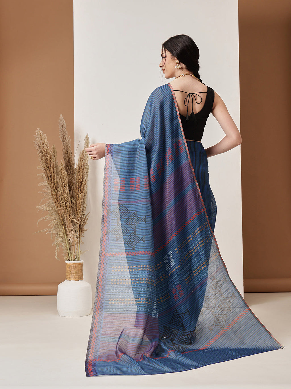 Hiral Fashion Blue Banarasi Cotton Silk Abstract Digital Printed Saree | Grocsy