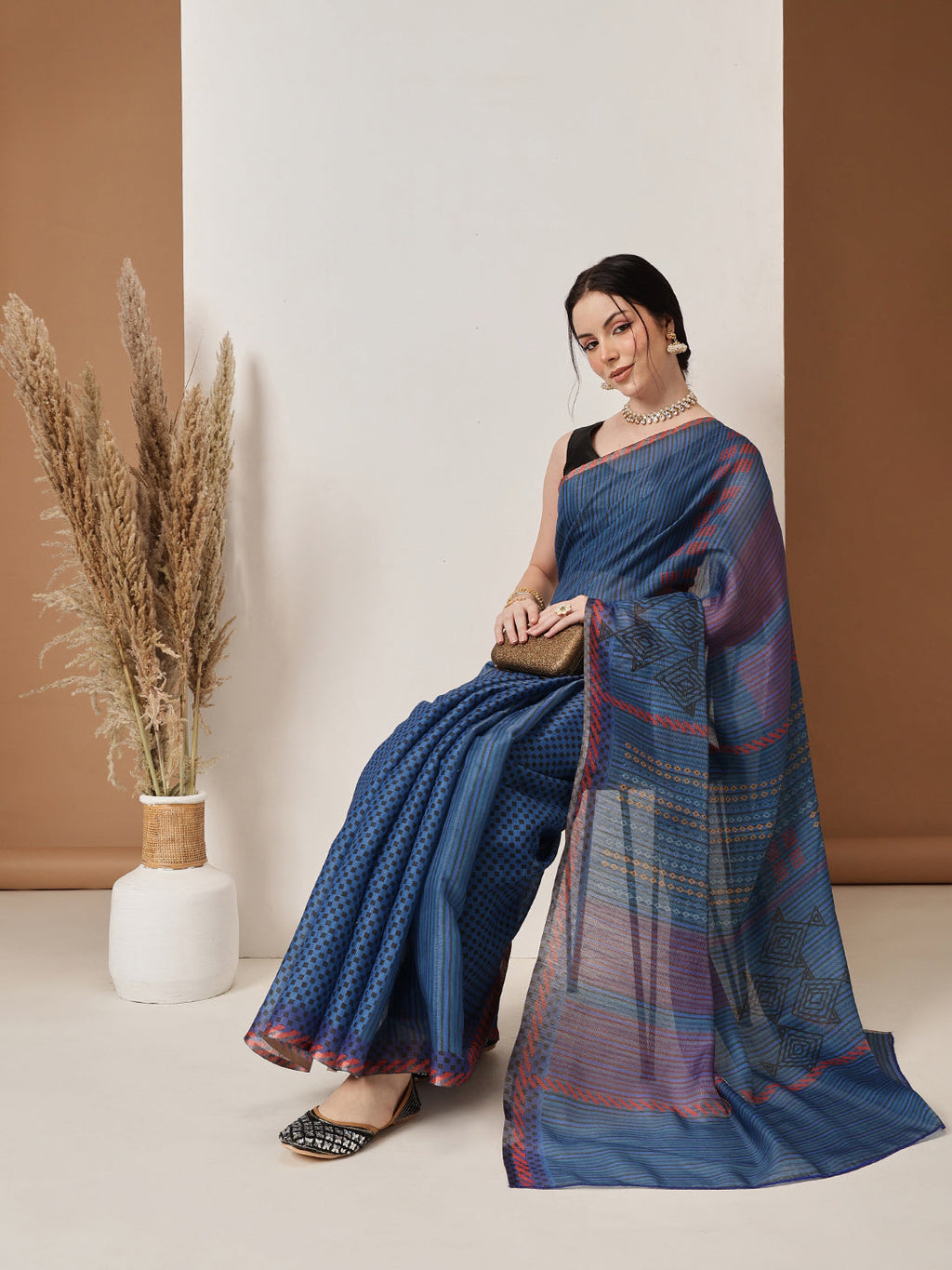 Hiral Fashion Blue Banarasi Cotton Silk Abstract Digital Printed Saree | Grocsy