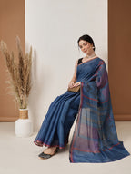 Hiral Fashion Blue Banarasi Cotton Silk Abstract Digital Printed Saree | Grocsy