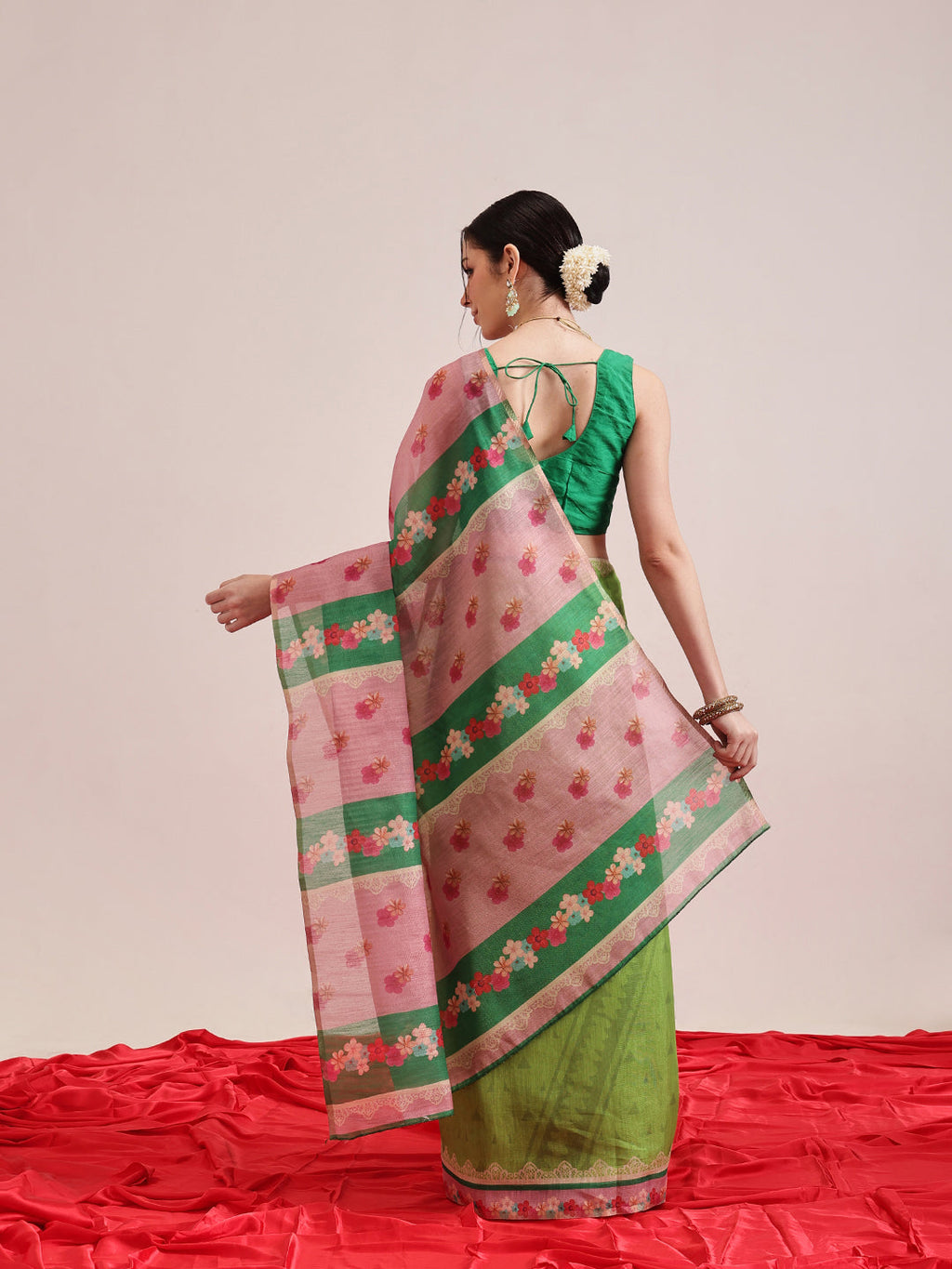 Hiral Fashion Green Banarasi Cotton Silk Abstract Digital Printed Saree | Grocsy