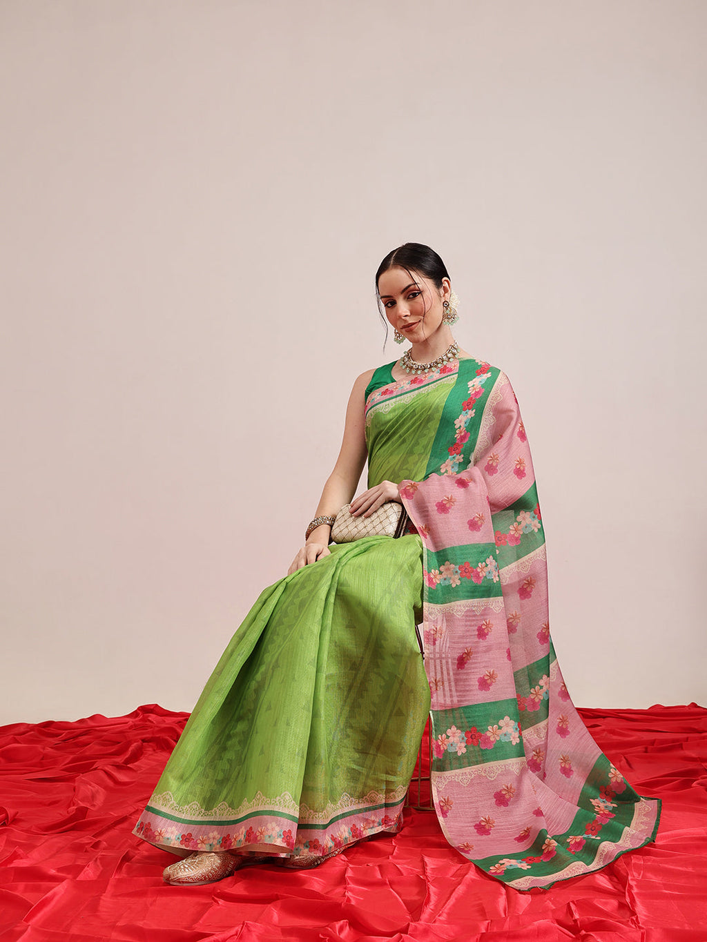 Hiral Fashion Green Banarasi Cotton Silk Abstract Digital Printed Saree | Grocsy