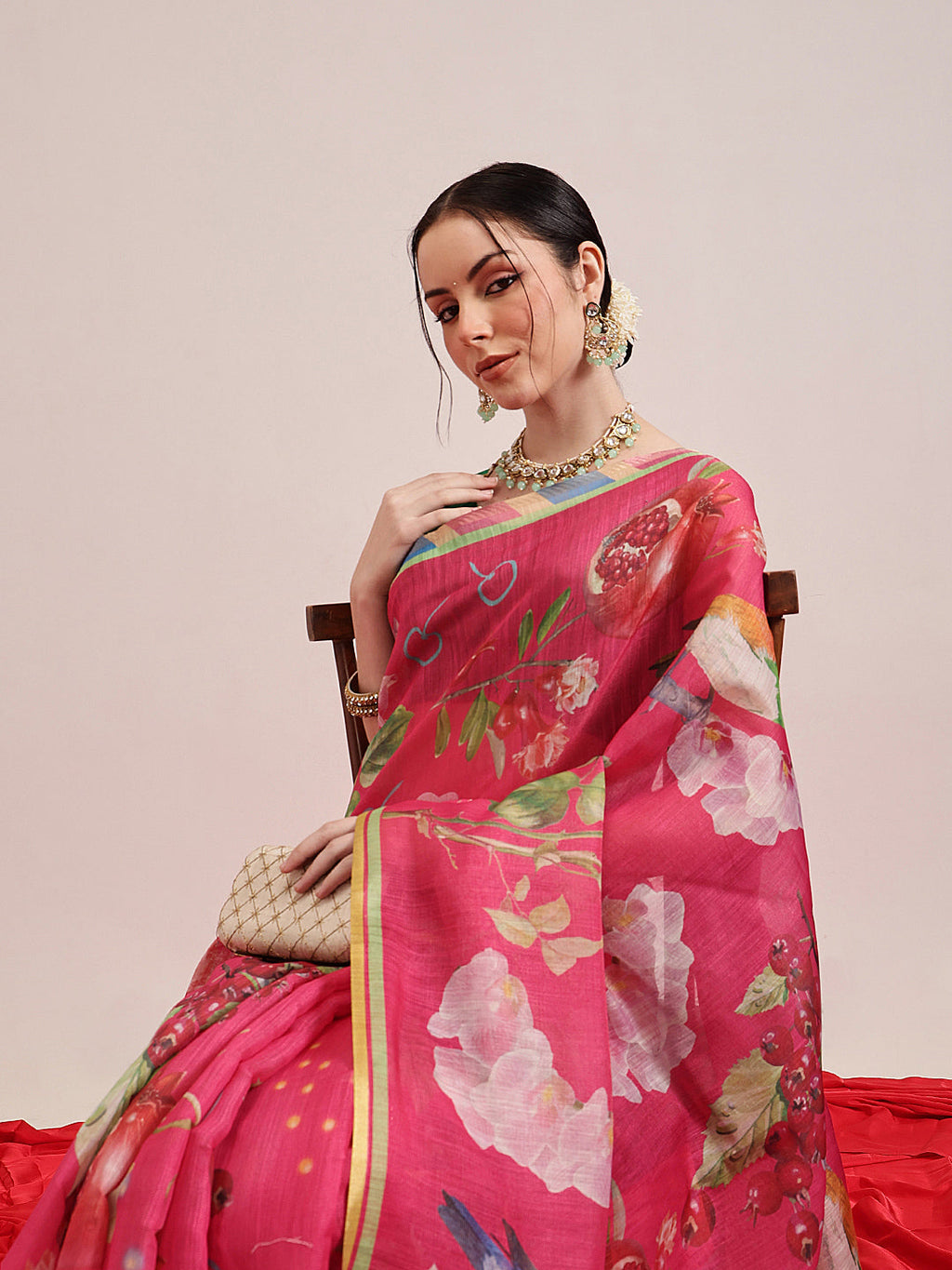 Hiral Fashion Pink Banarasi Cotton Silk Fruits Digital Printed Saree | Grocsy