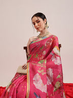 Hiral Fashion Pink Banarasi Cotton Silk Fruits Digital Printed Saree | Grocsy
