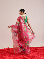 Hiral Fashion Pink Banarasi Cotton Silk Fruits Digital Printed Saree | Grocsy