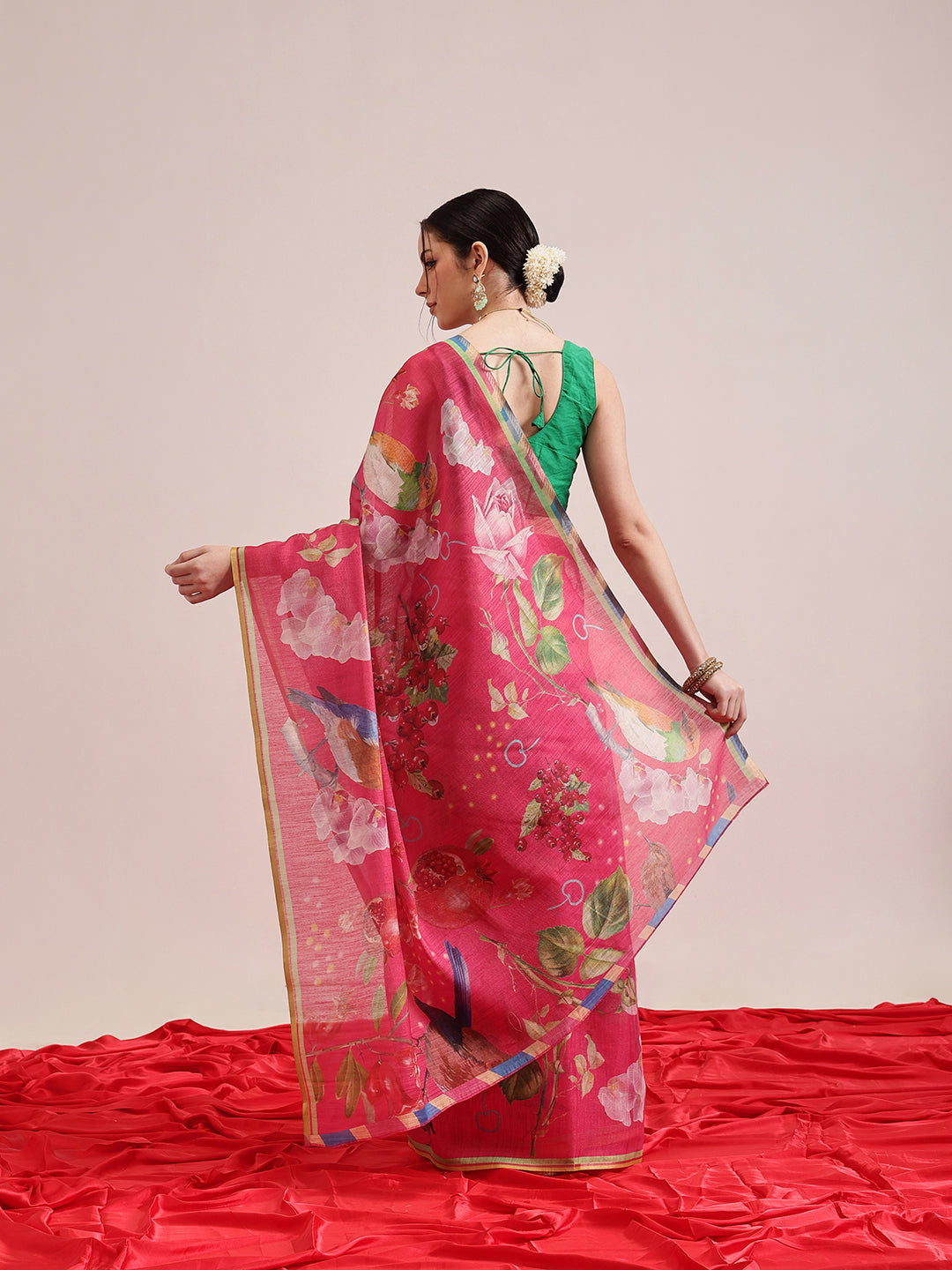 Hiral Fashion Pink Banarasi Cotton Silk Fruits Digital Printed Saree | Grocsy