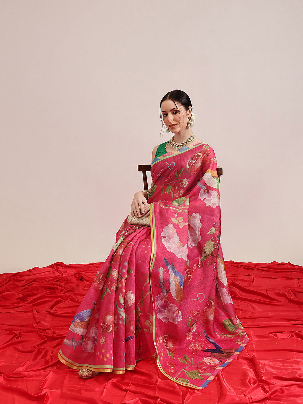 Hiral Fashion Pink Banarasi Cotton Silk Fruits Digital Printed Saree | Grocsy