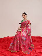 Hiral Fashion Pink Banarasi Cotton Silk Fruits Digital Printed Saree | Grocsy