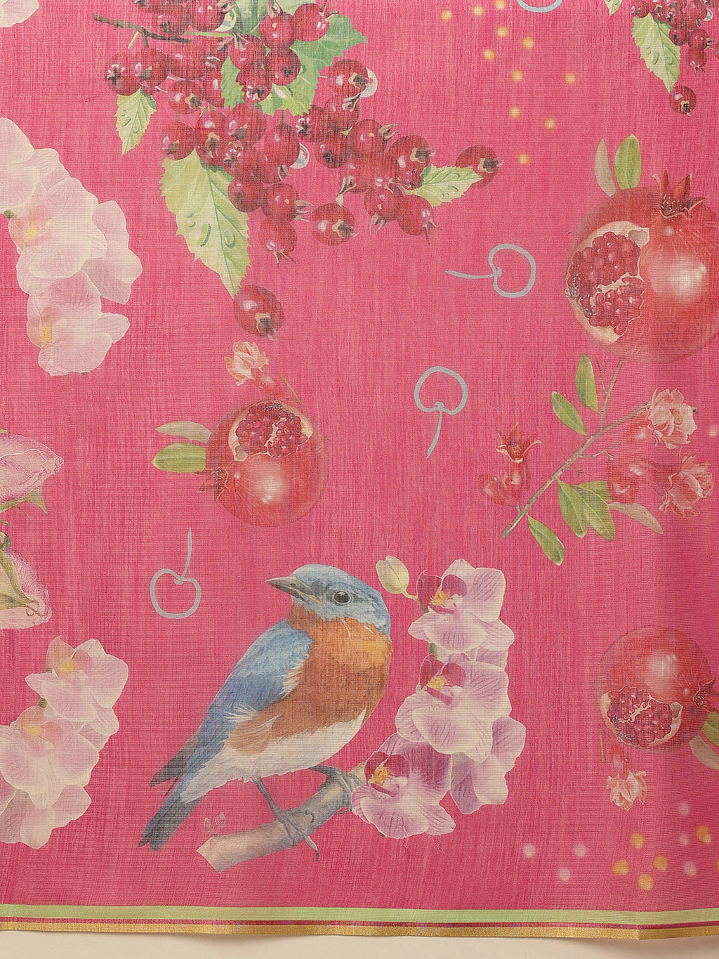 Hiral Fashion Pink Banarasi Cotton Silk Fruits Digital Printed Saree | Grocsy