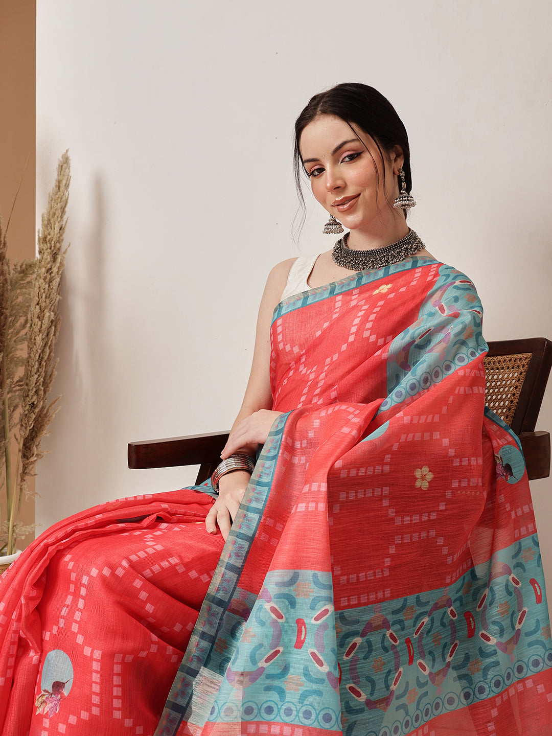 Hiral Fashion Red Banarasi Cotton Silk Fruits Digital Printed Saree | Grocsy
