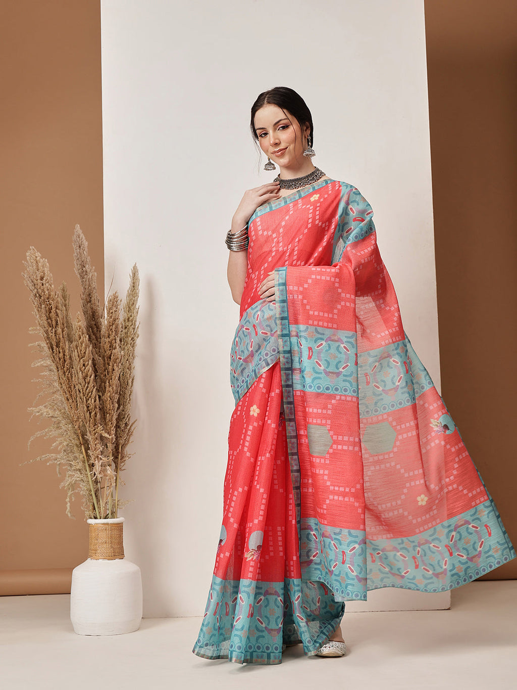Hiral Fashion Red Banarasi Cotton Silk Fruits Digital Printed Saree | Grocsy