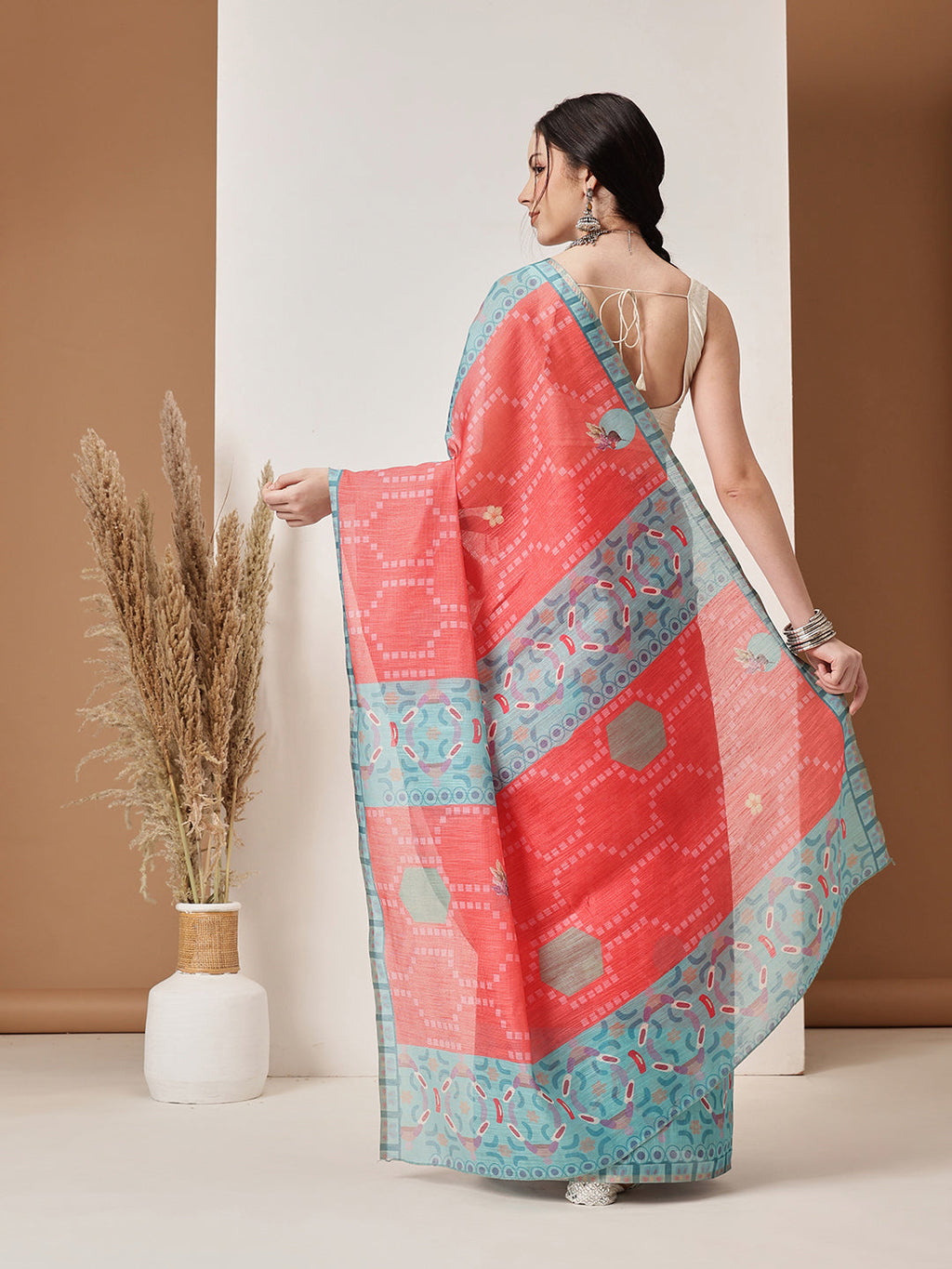 Hiral Fashion Red Banarasi Cotton Silk Fruits Digital Printed Saree | Grocsy
