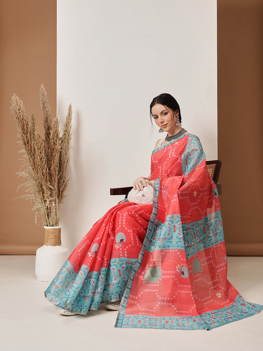 Hiral Fashion Red Banarasi Cotton Silk Fruits Digital Printed Saree | Grocsy