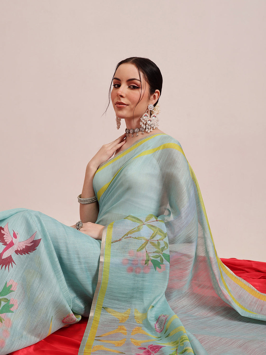 Hiral Fashion Blue Banarasi Cotton Silk Floral Digital Printed Saree | Grocsy