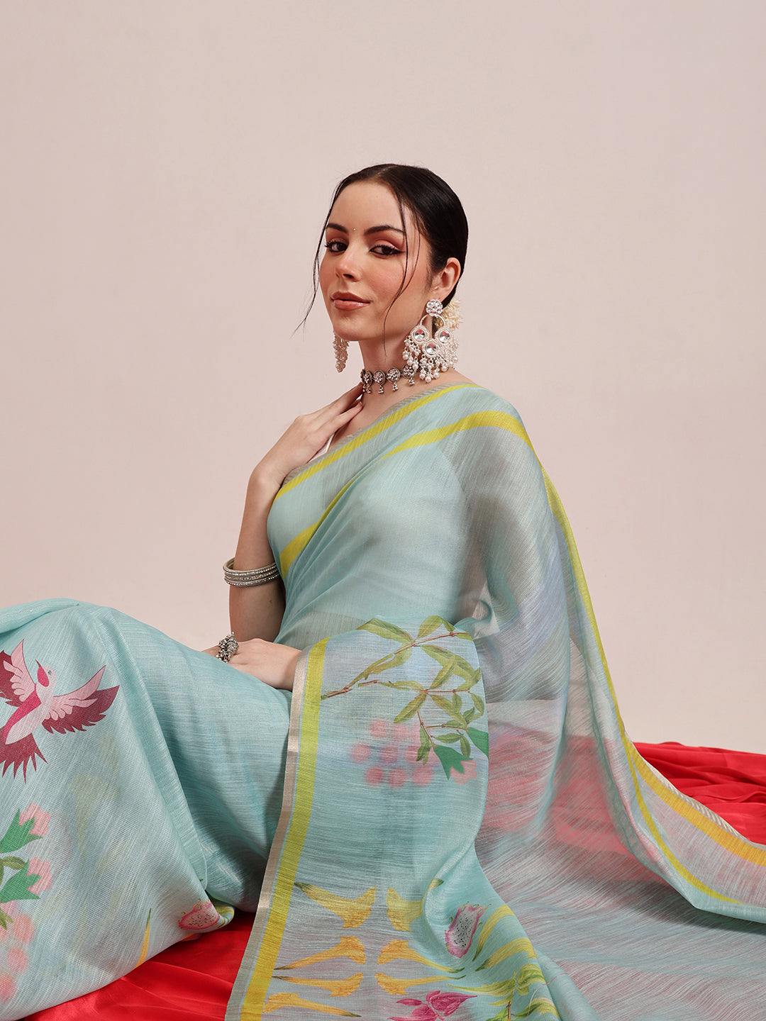 Hiral Fashion Blue Banarasi Cotton Silk Floral Digital Printed Saree | Grocsy