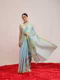 Hiral Fashion Blue Banarasi Cotton Silk Floral Digital Printed Saree | Grocsy