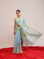 Hiral Fashion Blue Banarasi Cotton Silk Floral Digital Printed Saree | Grocsy