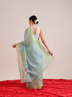Hiral Fashion Blue Banarasi Cotton Silk Floral Digital Printed Saree | Grocsy